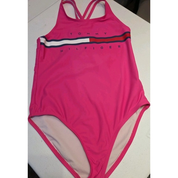 Tommy Hilfiger Girls Swimsuit L 12/14 Pink One Piece Logo Cross Back UV... - Picture 1 of 7